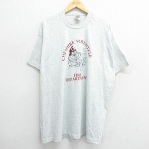 XL/古着 フルーツオブザルーム 半袖 ビンテージ Tシャツ メンズ 90s 消防署 ネコ ロング丈 大きいサイズ クルーネック 薄グレー 霜降り spe