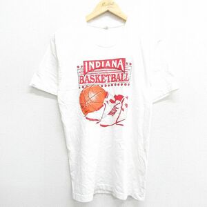 M/古着 フルーツオブザルーム 半袖 ビンテージ Tシャツ メンズ 80s インディアナ バスケットボール コットン クルーネック 白 ホワイト 24m