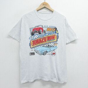 L/古着 半袖 Tシャツ メンズ クラシックカー ローライダー クルーネック 薄グレー 霜降り 24mar21 中古