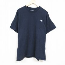 XL/古着 チャンピオン Champion 半袖 ブランド Tシャツ メンズ ワンポイントロゴ 大きいサイズ コットン クルーネック 紺 ネイビー 24mar22_画像1