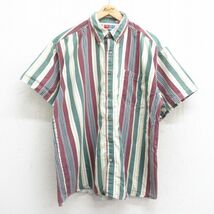 XL/古着 半袖 シャツ メンズ 大きいサイズ コットン ボタンダウン エンジ他 ストライプ 24mar22 中古 トップス_画像1