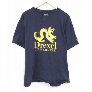 XL/古着 チャンピオン Champion 半袖 ブランド Tシャツ メンズ ドレクセル 大学 コットン クルーネック 紺 ネイビー 24mar22 中古