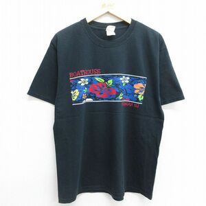 L/古着 半袖 ビンテージ Tシャツ メンズ 00s ベルマー ハイビスカス コットン クルーネック 黒 ブラック 24mar23 中古