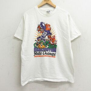 L/古着 ヘインズ 半袖 ビンテージ Tシャツ メンズ 90s ダーリントン フットボール タイガー コットン クルーネック 白 ホワイト 24mar23 中