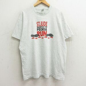 XL/古着 フルーツオブザルーム 半袖 ビンテージ Tシャツ メンズ 90s 足跡 RUN 大きいサイズ クルーネック 薄グレー 霜降り 24mar25 中古