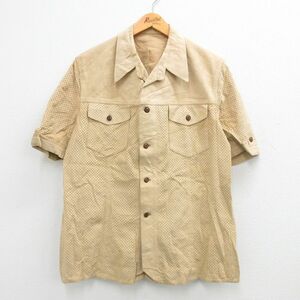 L/古着 半袖 シャツ メンズ 70s メッシュ地 開襟 オープンカラー ベージュ系他 カーキ 24mar26 中古 トップス