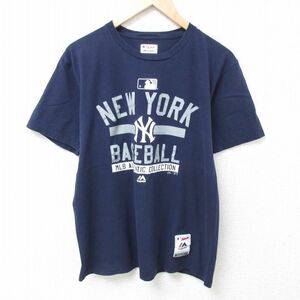 L/古着 マジェスティック 半袖 Tシャツ メンズ MLB ニューヨークヤンキース コットン クルーネック 紺 ネイビー メジャーリーグ ベースボー