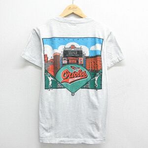 M/古着 半袖 ビンテージ Tシャツ メンズ 90s MLB ボルチモアオリオールズ コットン クルーネック 薄グレー 霜降り メジャーリーグ ベースボ