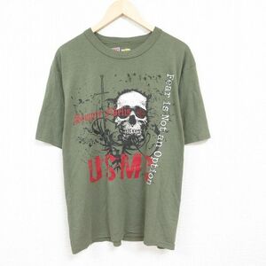 XL/古着 半袖 Tシャツ メンズ ミリタリー USMC アメリカ海兵隊 スカル クルーネック 緑 グリーン 24mar28 中古
