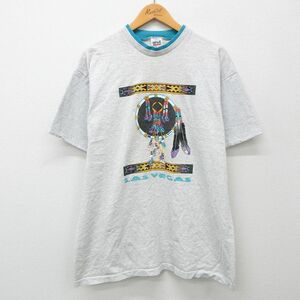 XL/古着 半袖 ビンテージ Tシャツ メンズ 90s ラスベガス ドリームキャッチャー ネイティブ柄 クルーネック 薄グレー他 霜降り 24mar29 中