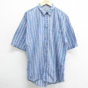 L/古着 半袖 シャツ メンズ 90s ロング丈 コットン 紺他 ネイビー ストライプ 24mar29 中古 トップス