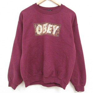 L/古着 オベイ OBEY 長袖 スウェット メンズ ビッグロゴ クルーネック エンジ 23nov02 中古 スエット トレーナー トップス 3OF