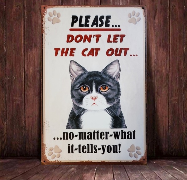 ブリキ看板　HANAKO　レトロ　猫の看板　R10　ハチワレ猫　ウェルカムボード　猫外出禁止　猫に注意