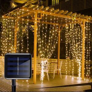 新品防水 LED ソーラーライト 野外 イルミネーションライト ゴールド 大型　3m×3m 300LED クリスマス