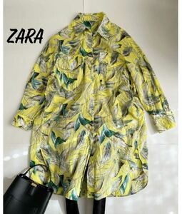 ZARA ザラ 春 大人素敵 リーフプリント オーバーサイズ シャツ サイズXS - S イエロー グリーン系 軽やか 爽やか 羽織り トップス