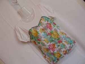 sy433 Heather 半袖 ■ ドッキングTシャツ ■ ホワイト×マルチカラー ■ ビスチェ ■ 花柄 可愛い お洒落 パフスリーブ
