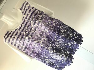 kb334■ sarisa ■　半袖　トップス　Tシャツ　レース　重ね着風　白×紫　ボーダー　グラデーション　花柄　M～L相当　訳あり