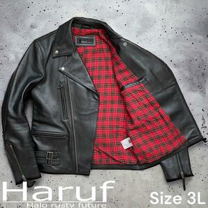 必見！極美品 Haruf ハルフ ダブルライダースジャケット 裏地タータンチェック ダブルジップ Cowleather 牛革 3L（XXL）