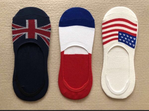 稀少！ アメリカ　フランス　イギリス国旗 ソックス　靴下　 カリスマ　　男女兼用　綿 インソックス　サイズ24～26.5cm 3足