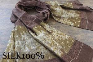 新品【シルク100% SILK】ペイズリー柄 ブラウン 茶色 BROWN ゴールド GOLD 金 スカーフ/ストール