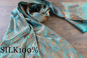 新品 春色【シルク100% SILK】ペイズリー 花柄 シャイングリーン×シャインオレンジ S.GREEN×S.ORANGE 大判 ストール/スカーフ