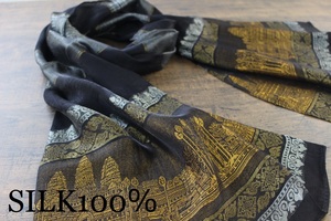 新品【シルク100% SILK】アンコールワット柄 ブラック 黒 BLACK ゴールド GOLD 金 スカーフ/ストール