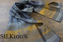 新品 【シルク100% SILK】アンコールワット柄 ネイビー系グレー NAVY GRAY ゴールド GOLD 金 スカーフ/ストール 訳あり_画像1