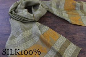 新品【シルク100% SILK】エレファント柄 象柄 抹茶グリーン 緑 GREEN ゴールド GOLD 金 スカーフ/ストール