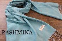 新品 春色【パシュミナ Pashmina】ダマスク 幾何学柄 エメラルドグリーン 大判 ストール カシミア100% Cashmere_画像1