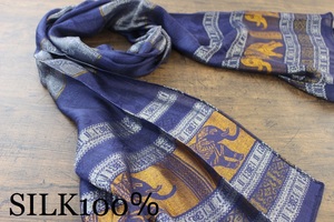 新品【シルク100% SILK】エレファント柄 ネイビー 紺 NAVY ゴールド GOLD 金 スカーフ/ストール