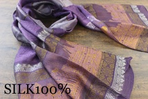 新品【シルク100% SILK】アンコールワット柄 パープル 紫 PURPLE ゴールド GOLD 金 スカーフ/ストール_画像1