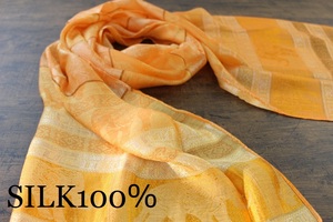 新品【シルク100% SILK】エレファント柄 象柄 オレンジ ORANGE ゴールド GOLD 金 スカーフ/ストール