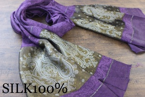 新品 【シルク100% SILK】ペイズリー柄 パープル 紫 PURPLE ゴールド GOLD 金 スカーフ/ストール