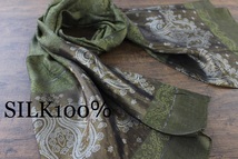 新品 【シルク100% SILK】ペイズリー柄 モスグリーン系 M.GREEN ゴールド GOLD 金 スカーフ/ストール_画像1