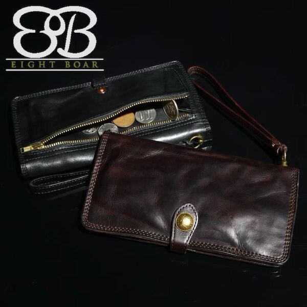 ◆ROCK LEATHER コンチョボタンロングウォレット 薄型財布 背面小銭入れ ブラウン ブラック◆k50