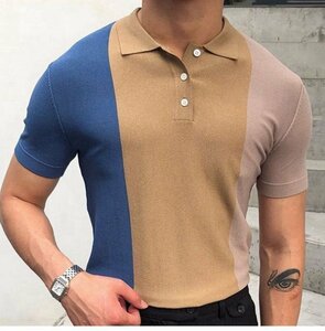 サマーセーター ニットTシャツ サマーニット トップス カットソー カジュアル 半袖ニット メンズカーキ Lサイズ