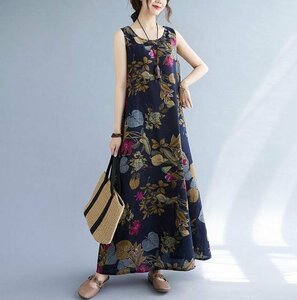 ワンピース ロングワンピース マキシワンピース エスニックワンピース コットンリネン 綿麻 花柄 総柄 プリント 4XL