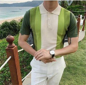 メンズ サマーセーター サマーニット トップス カットソー カジュアル 半袖Tシャツ ニットTシャツ グリーン Lサイズ