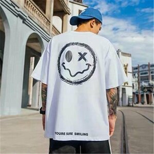 メンズファッション クルーネック 半袖Tシャツ カジュアル おしゃれ ゆったり 大きいサイズ ホワイト XLサイズ