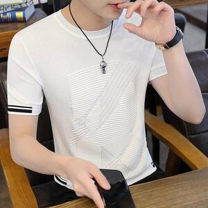 サマーニット トップス カットソー カジュアル 半袖Tシャツ メンズ サマーセーター ニットTシャツ ホワイト Mサイズ