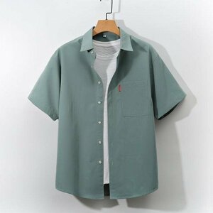 夏物 シャツ メンズ 五分袖シャツ アロハシャツ 無地 カジュアル ビジネス 大きいサイズ グリーン 2XL