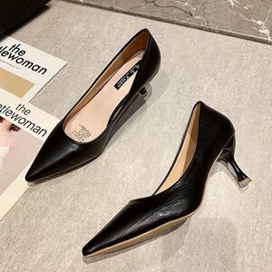 туфли-лодочки женский бизнес обувь кожа обувь PU кожа длинный нос формальный высокий каблук OL рост выше черный 24cm MAY956