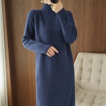 大人気M-XLサイズ 秋冬 オシャレ 立ち襟 ニットセーター 着痩せ カシミヤ混 ストレッチ 暖かい ひざ丈ワンピース グレー Q091_画像5