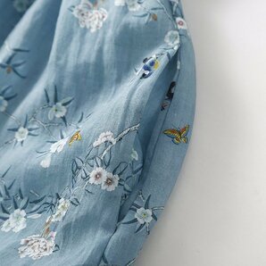 大人 上品 エレガントな花柄プリント綿麻ワンピース レディース ワンピース 50代 60代 ファッション ブルー 薄手 夏のお出かけに L Q020の画像3