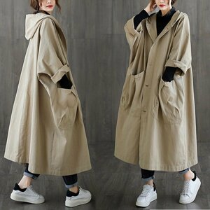  new goods long coat lady's long height spring coat with a hood . jacket 304050 fee trench coat large size khaki Q053