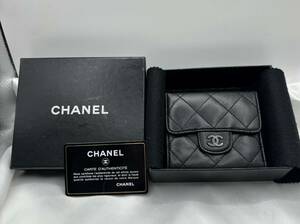 1円スタート　美品　シャネル CHANEL Wホック財布 マトラッセ ラムスキン 黒 ココマーク　シルバー金具 カード　箱付