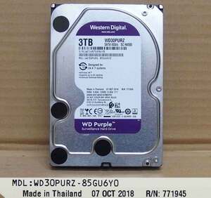 hdd71 WD WD30PURZ 3TB 使用時間:10h AVコマンド対応 HDD 3.5インチ WD30PURZ-85GU6Y0 中古動作品