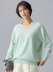 ■自由区大きいサイズ44今季ピュアカシミヤVネックニット/春色ミント33,000円■