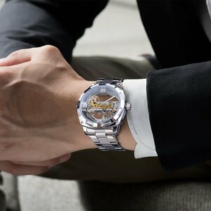 男性透明自動機械式腕時計　メンズファッション　アクセサリー　ゴールド　シルバー　ブラック