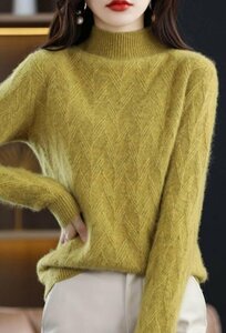 秋冬 レディース ニットセーター 上質 柔らかい 暖かい ストレッチ 長袖 ニットトップス ★ 黄/Mサイズ